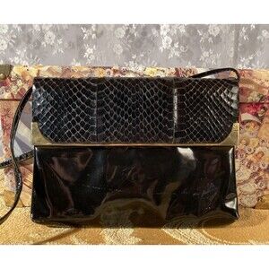 Vintage 80s Purse 1980s Black Snake Skin Patent Rock Glam Chic Elegant Edgy Bag